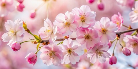 Wall Mural - Delicate pink cherry blossom flowers bloom against a clean white background, their soft petals and slender stems exuding gentle elegance and serene beauty in nature.