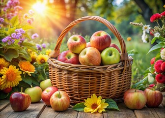 Poster - Vibrant ripe apples overflow from a wicker basket nestled among lush green foliage and colorful flowers in a serene sun-drenched garden setting.