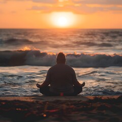 Poster - Overweight Person Meditating Peacefully on Sunset Beach with Crashing Waves