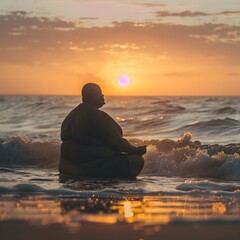 Poster - Overweight Person Meditating on Peaceful Beach at Sunset