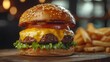 © night - Close-Up of a Juicy Cheeseburger with French Fries
