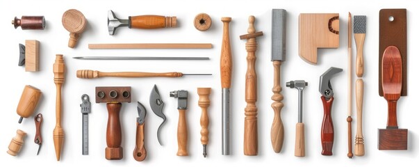 Isolated woodworking tools and materials on white background, 4K hyperrealistic photo