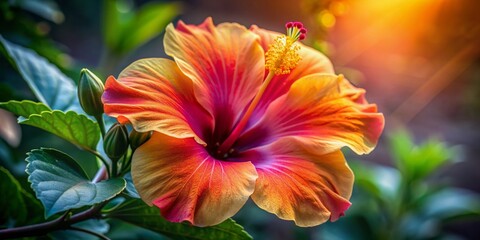 Wall Mural - Vibrant orange and pink petals unfurl from a delicate yellow center, showcasing intricate details of a fully bloomed hibiscus flower, radiating warm, golden light.