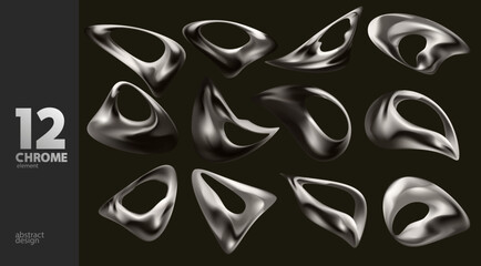 Wall Mural - Set of chrome fluid shapes and forms. Collection of monochrome vector design elements.