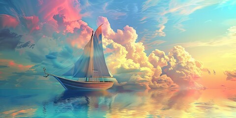 Wall Mural - Sailboat on calm ocean beneath colorful clouds.