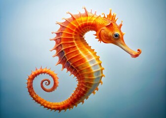 Poster - Vibrant orange seahorse with curled tail and horse-like head swimming in front of a soft white isolated background with subtle blue undertones.