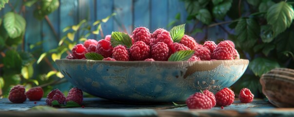 Wall Mural - Freshly picked raspberries in a bowl, 4K hyperrealistic photo