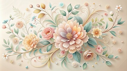 Wall Mural - Delicate, intricately detailed petals and flowers in soft pastel hues swirl together on a creamy background, perfect for elegant posters, greeting cards, and wall art.