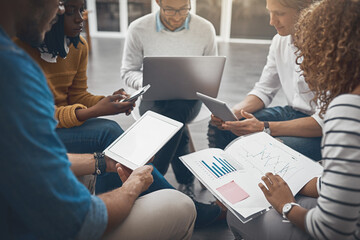 Aufkleber - Group, meeting and collaboration in night, graph and tablet with mockup in office, project and online. Research, digital and web developer with deadline, people and teamwork for business and laptop