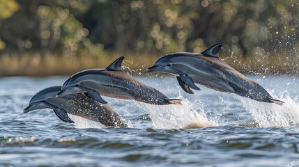 Wall Mural - Three dolphins joyfully jumping in unison out of the water against a clear blue sky.