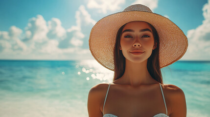 A smiling woman in a hat enjoys a relaxing beach day