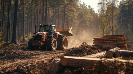 Tractor moving through dense forest surrounded logging