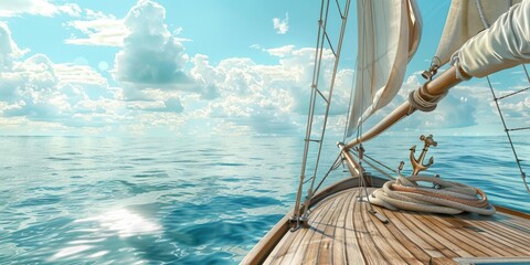 Wall Mural - Wooden sailboat deck facing blue ocean and sky.