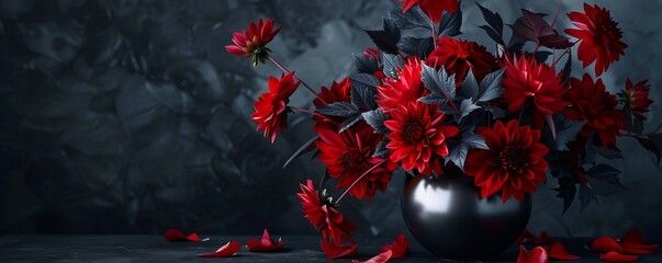 Wall Mural - Dramatic arrangement of deep red dahlias and black foliage in a metallic vase, 4K hyperrealistic photo