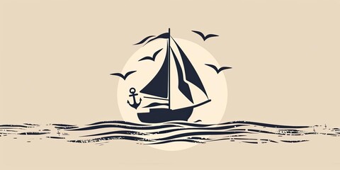 Wall Mural - Sailing boat, anchor, birds, sea, waves.