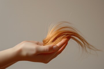 A person's hand gently holding a small clump of fallen hair against a neutral background