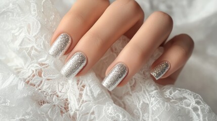 A hand with a stylish silver nail design, elegantly holding white lace fabric, with a focus on the glittery manicure against a white background