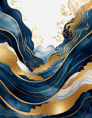 Luxury navy blue and gold ink waves and glitter on a white background