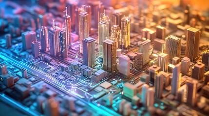 A smart city model with IoT devices and data flow, symbolizing the future of technology and business innovation