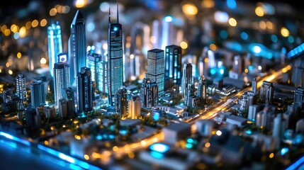 A smart city model with IoT devices and data flow, symbolizing the future of technology and business innovation
