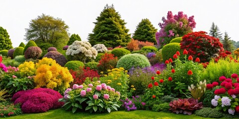 Wall Mural - Vibrant flowering shrubs and lush greenery fill the frame, isolated on a transparent background, showcasing nature's beauty in a stunning, colorful garden setting.