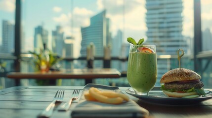 A glass of fresh avocado fruit juice smoothie with hamberger in office with city skyscrapers