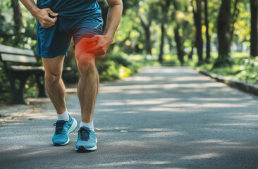 Man in blue shorts and grey shirt holding knee with pain while running on the street, closeup view