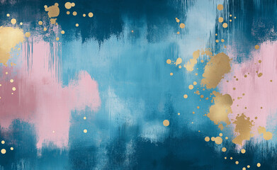 Wall Mural - Abstract brush strokes in deep blue, pink, and gold with splashes of paint