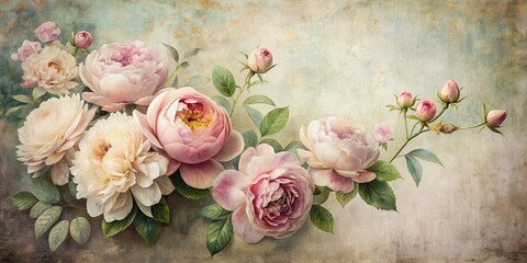 Sticker - Softly muted, elegant vintage poster features lush roses and peonies in delicate, dreamy hues on a distressed background, evoking refined sophistication and timeless beauty.