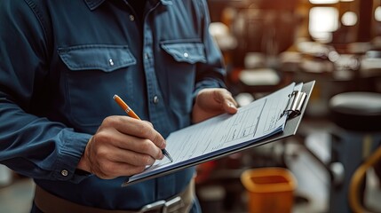 Mechanic filling out a job checklist on a clipboard, estimating repair work in a workshop.