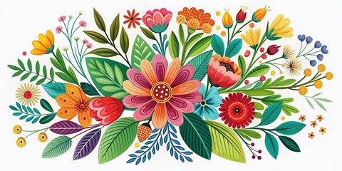 Poster - Colorful folk style floral bouquet with leaves and botanical elements on white background, perfect for spring holiday posters and happy Easter art prints.