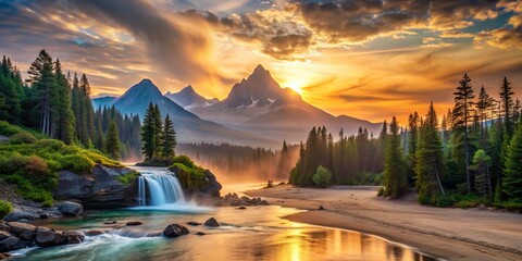 Serene landscape featuring a misty mountain range, lush pine trees, and a tranquil waterfall, set against a breathtaking sunset with a sandy beach in the distance.