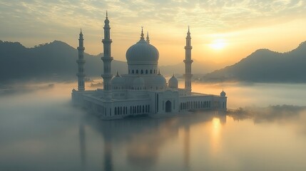 Sticker - White Mosque on a Lake in a Foggy Sunrise