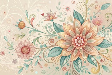 Canvas Print - Delicate hand-drawn floral illustration featuring intricate petals, swirling patterns, and whimsical accents on a soft, pastel-colored background, ideal for creative designs and branding.