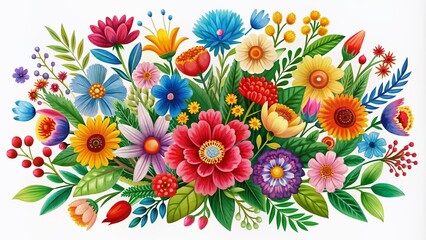 Poster - Vibrant floral bouquet with assorted flowers and leaves in folk art style on white background, perfect for spring and Easter art prints and posters.