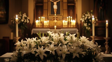 A church altar adorned with white lilies and candles, signifying purity and the celebration of the Transfiguration.