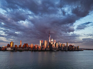 nyc, new york city skyline with dramatic sky. american urban skyscrapers usa near dramatic clouds. n