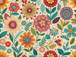 Poster - Whimsical seamless vintage floral pattern featuring abstract colorful flowers, organic shapes, and leafy accents in a stylized Spring-inspired design perfect for decorative use.