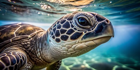 Sticker - Close-up of a serene black and white turtle's head, with intricate shell patterns, peeking out of the calm ocean water's surface, soft focus background.