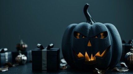 Wall Mural - A black pumpkin with a scary face is on a table next to a black box