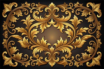 Poster - Luxurious ornate gold leaf design on a sleek black background, framed in gold, exuding opulence and sophistication with intricate patterns and detailed craftsmanship.