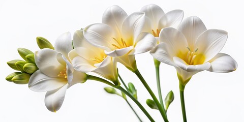 Poster - Delicate, trumpet-shaped freesia blooms with pure white petals and yellow centers isolated on a clean white background, exuding simplicity and elegance.