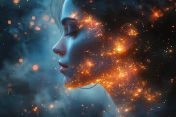 surreal digital artwork of a womans silhouette filled with a vibrant galaxy of pillshaped stars and 
