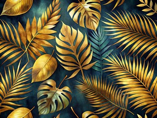 Poster - Vibrant watercolor background featuring elegant gold silhouettes of tropical leaves, perfect for modern artistic projects, social media, and branding, evoking luxury and sophistication.