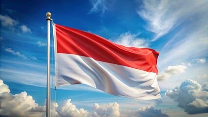 Vibrant red and white Indonesian state flag proudly stands out against a calming blue background, evoking patriotism and national pride in this isolated emblem.