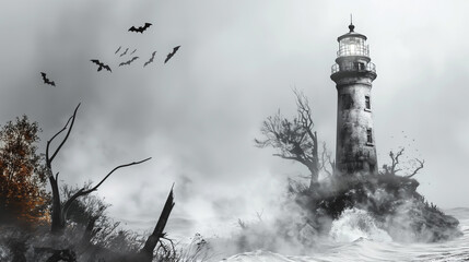 Lighthouse in the Storm: A weathered lighthouse stands defiant against a raging storm, its beacon a symbol of hope in the face of adversity. Bats circle overhead, adding to the eerie atmosphere.  