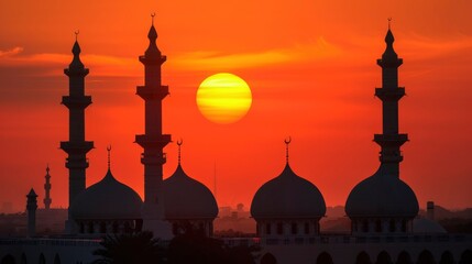 Sticker - Silhouetted Mosque Domes and Minarets Against a Fiery Sunset