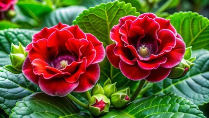 Vibrant red gloxinia flowers bloom amidst lush fresh green leaves, with two buds waiting to unfurl, creating a stunning contrast of colors and textures in nature.