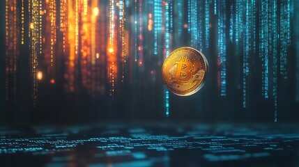 A cryptocurrency coin floating in a digital space with binary code in the background