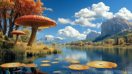 A stunning fantasy landscape featuring giant red-capped mushrooms growing by a serene lake, surrounded by lush golden foliage.	
